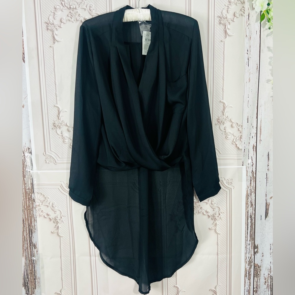 NWT Lush Womens Black Draped Blouse, Sheer, High Low Long Sleeves size Small